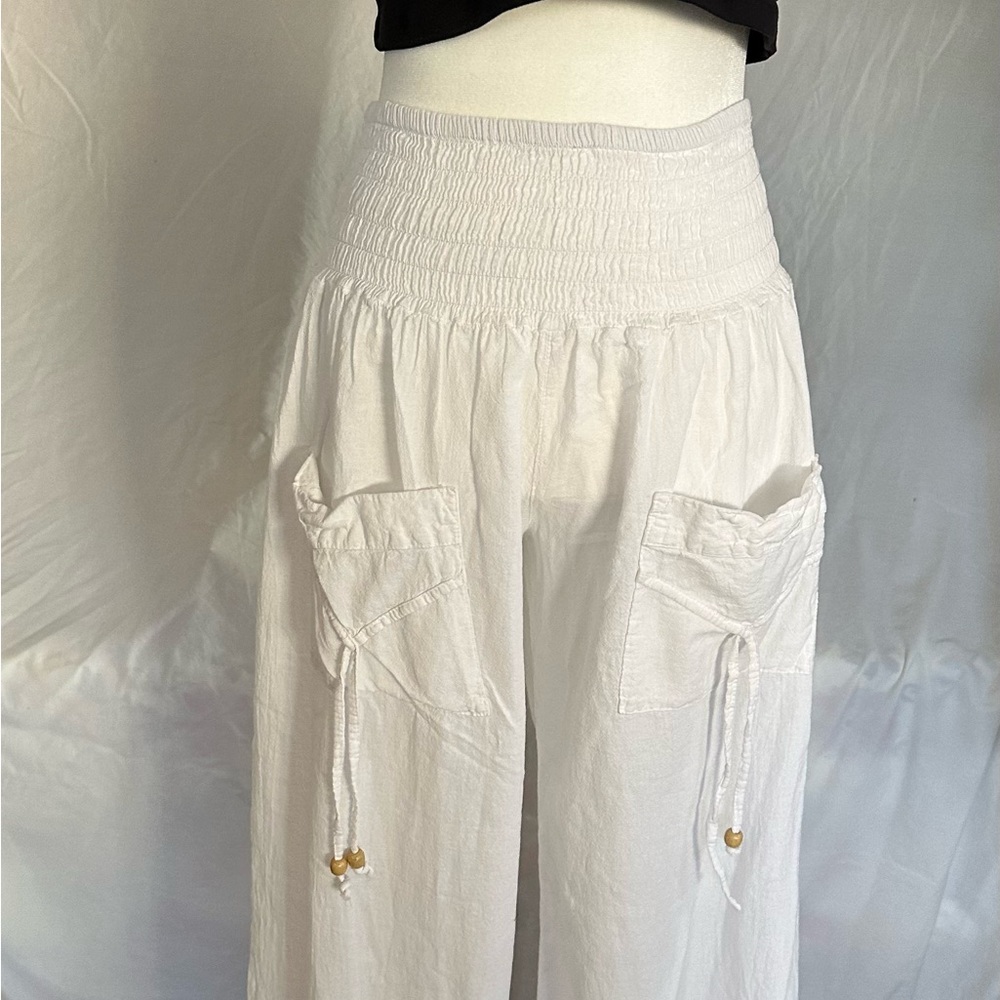 White Smocked Waist Wide-Leg Pants